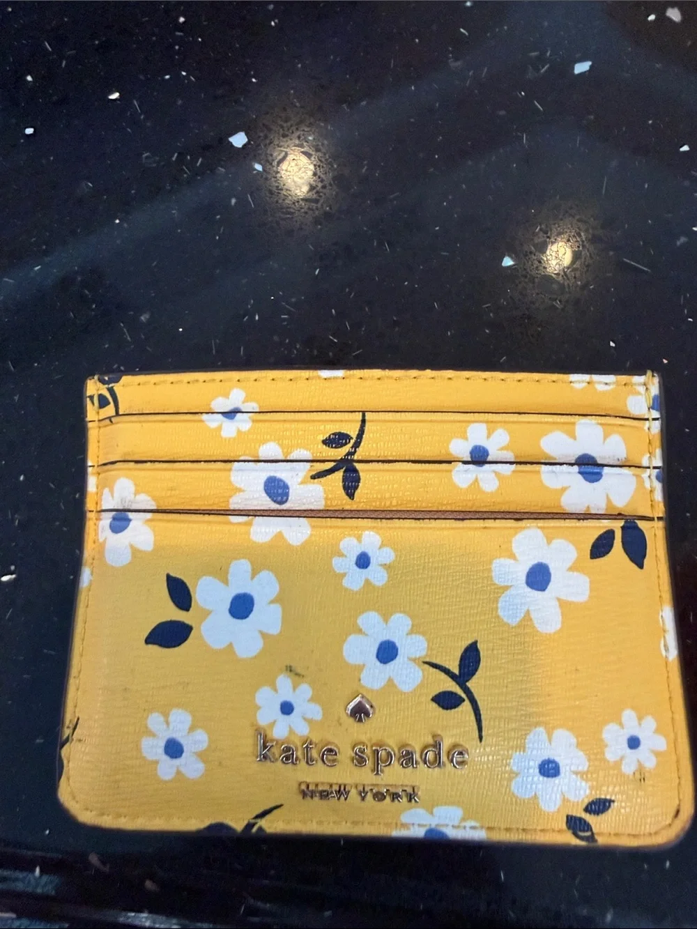 kate spade Yellow Floral Card Holder with White & Blue Flowers and Gold Logo